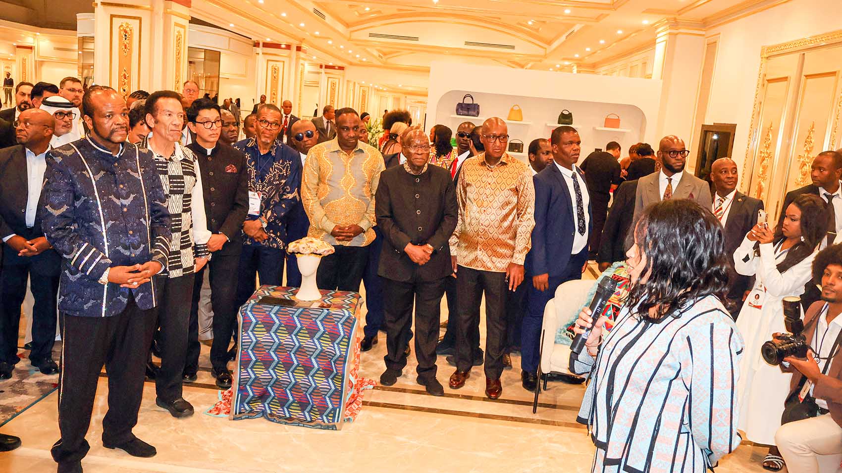 His Majesty King Mswati III and his delegates being taken through the displays at MAXHOSA AFRICA - the luxury African knitwear and fashion brand that was also exhibiting during the Royal Signature Expo. 